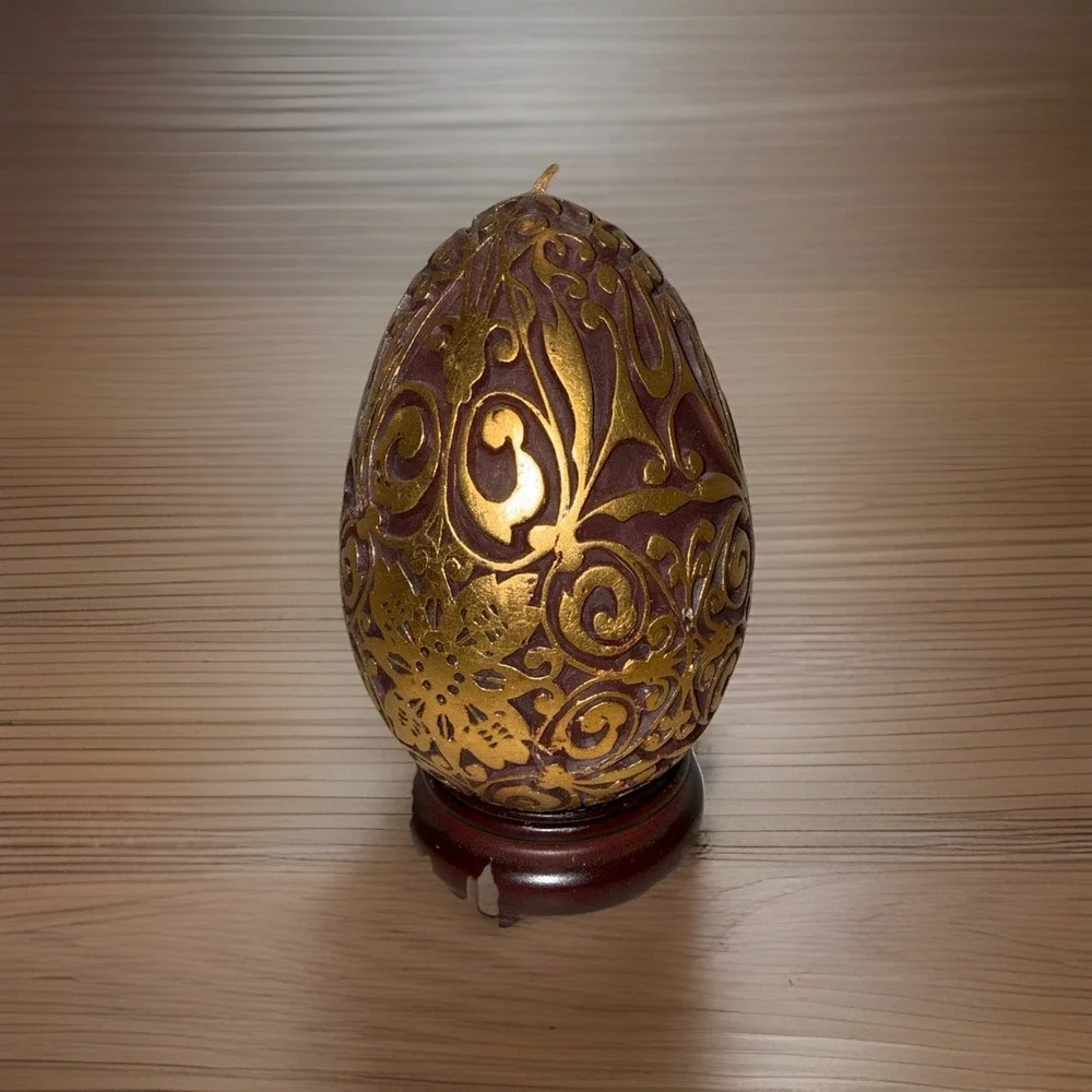 Large‎ Burgundy and Gold Easter Egg Candle with Stand Never Been Lit